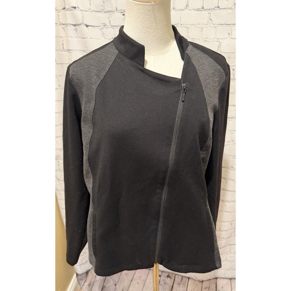Chico's Black Gray Asymmetrical Zip Jacket Size 1 Medium Pocket Lightweight